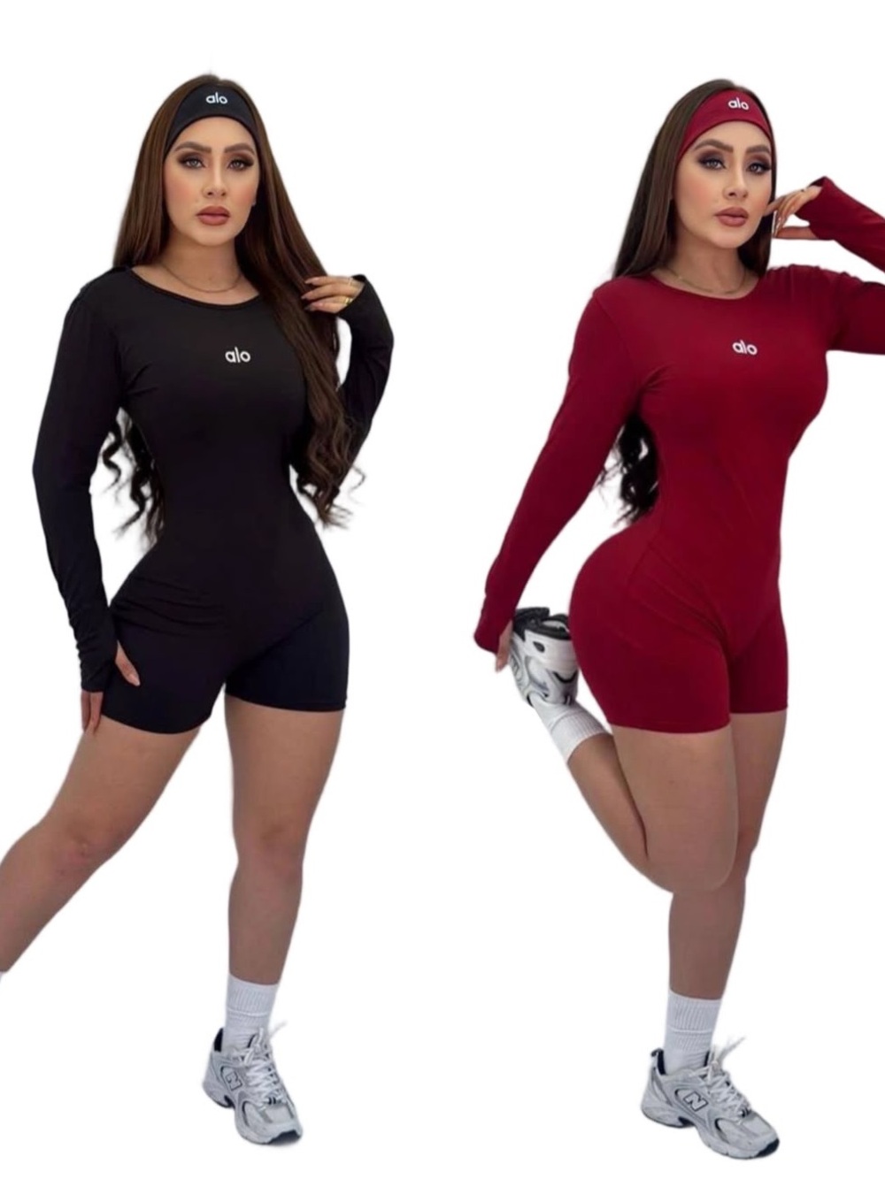 ALO Yoga Long Sleeve Bodysuit Romper - Black & Red